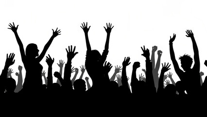 black white excited crowd with raised hands isolated on white background, PNG