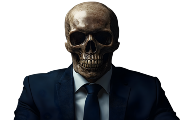 skull of a man in a business suit, businessman job, working skull head businessman, zombie businessman, 