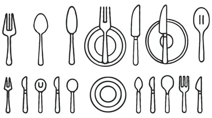 Minimalist Line Art Cutlery Set Spoon Fork Knife Plate Vector Illustration