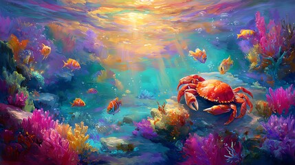 Colorful underwater scene with coral and fish.