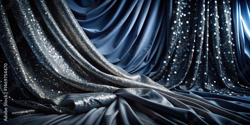 Poster draped fabrics in a studio setting showcasing elegant textured materials with shimmering accents and