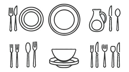 Minimalist Cutlery And Tableware Outline Set Dining Utensils Illustrations