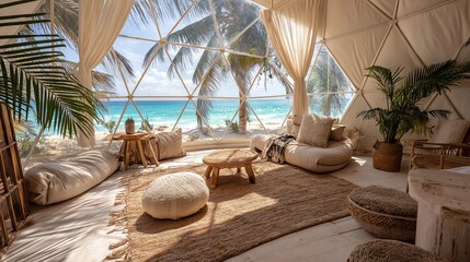 Obraz premium Cozy beachside dome interior with tropical views.