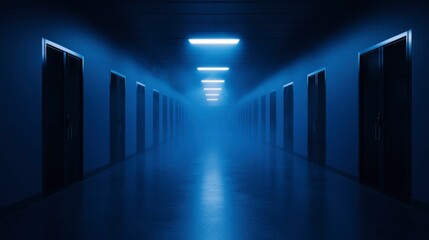 Fototapeta premium Empty Corridor, Neon Blue Light