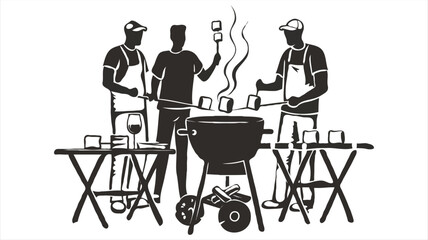 Vector Illustration Of People Enjoying An Outdoor Barbecue With Friends And Marshmallows