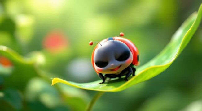 Adorable animated ladybug with big green eyes resting on a green leaf