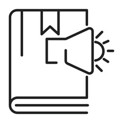 Book with a bookmark and loud speaker next to it, perhaps related to reading out loud or audio books.