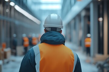 Construction worker's back view in a modern indoor building.