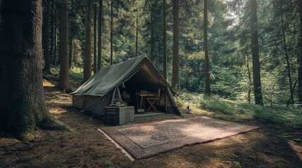 Cozy camping tent nestled in a forest.