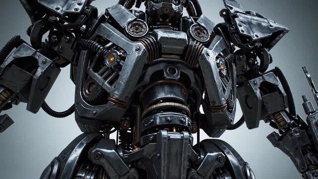 Robot with a gun on its shoulder. The robot is standing in front of a white background