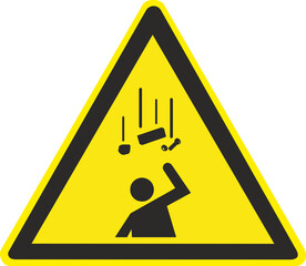 Falling objects danger sign. Falling objects warning sign. Caution, falling objects from a height on construction sites cause injury. Yellow triangle sign with icon of falling tools on a person.