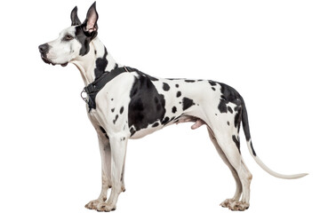 Great Dane: A stately and elegant Great Dane dog stands proud, showcasing its distinctive spotted coat pattern. Capturing the breed's poise and grandeur.