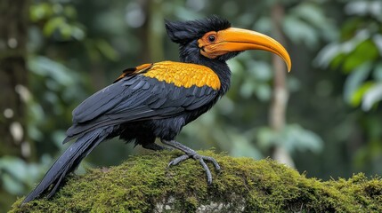 Obraz premium Tropical bird with vibrant plumage perched on mossy log. Forest background