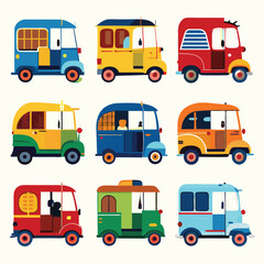 Nine  classic Auto-rickshaw arranged on a white background.