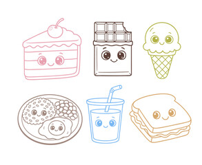 Cute Kawaii Food Set: A collection of adorable kawaii-style illustrations of various foods, including cake, chocolate, ice cream, fried eggs, juice, and sandwich, perfect for children's book.