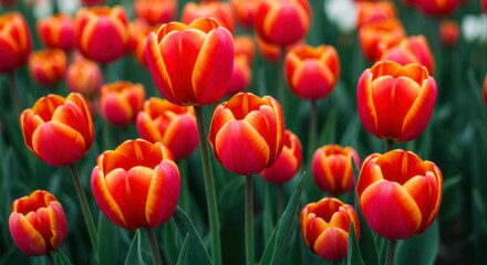 Obraz premium Vibrant red and orange tulips in a field