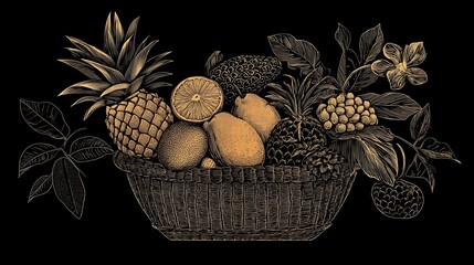 Golden Fruit Basket Still Life.