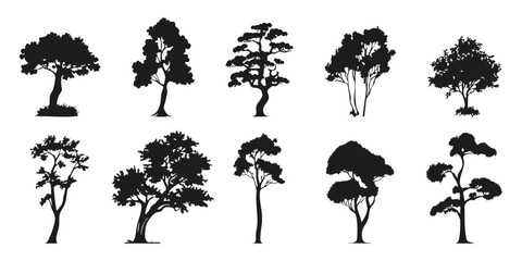 Tree Silhouettes Collection. Diverse Tree Shapes For Design And Decoration. Isolated Vector Illustration Collection