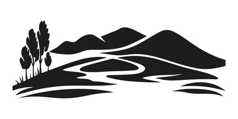 Mountainous River Landscape With Trees Solid Icon. Nature Scenery Silhouette Symbol. Outdoor Adventure And Environmental Conservation Representation. Isolated Vector Illustration