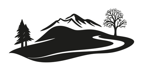 Mountain Landscape With Trees And River Solid Icon. Nature And Outdoors Silhouette Symbol. Scenic Wilderness, Hiking, And Adventure Illustration. Isolated Vector Illustration