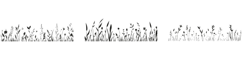 Wild Grass And Plant Silhouettes Set. Nature And Botanical Elements For Design. Isolated Vector Illustration Collection