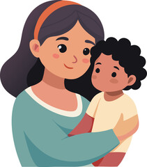 A smiling cartoon vector illustration depicts the love within a family, showcasing a mother with her baby, daughter, and son, radiating happiness