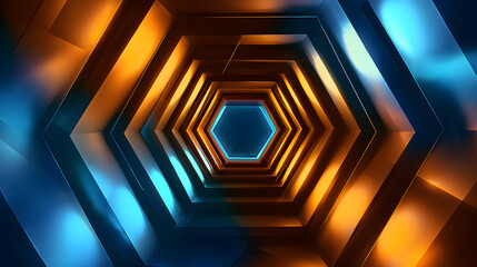 Obraz premium Geometric hexagon tunnel with glowing lights in blue and orange tones