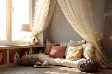 Cozy reading nook with natural light.
