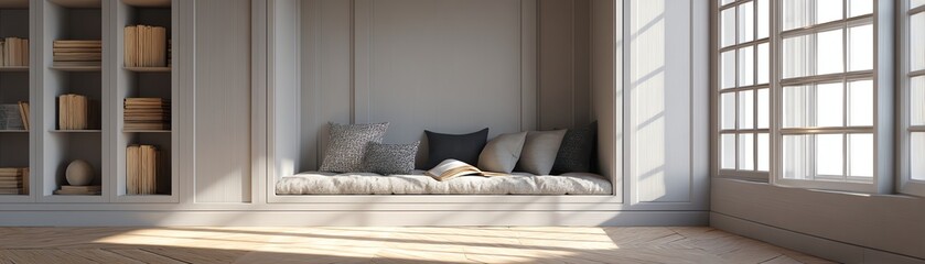 Cozy reading nook with natural light and cushions.