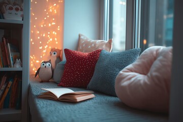 Cozy reading nook with soft pillows and decor.