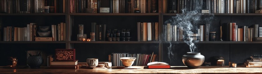 Cozy reading nook with smoke and books.