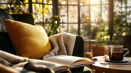 Cozy reading nook with warm sunlight and coffee.