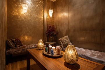 Cozy relaxation space with ambient lighting.