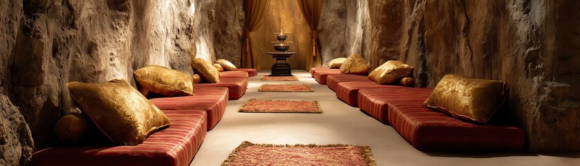 Cozy relaxation space with cushions and rugs.