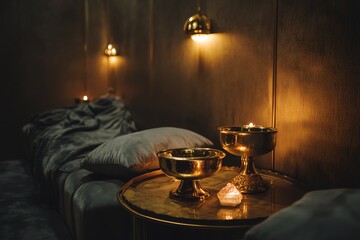Cozy relaxation space with golden bowls and candles.