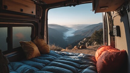 Cozy van interior with stunning mountain view.