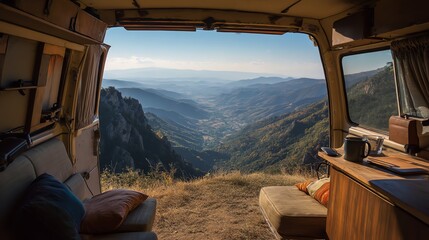 Cozy van interior overlooking scenic mountains.