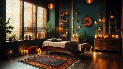 Cozy wellness space with warm ambient lighting.