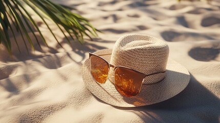 Straw hat and sunglasses on the beach