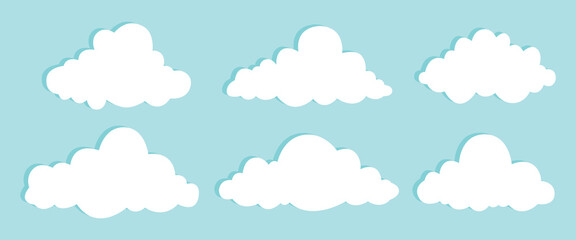Cartoon white clouds icon set isolated on blue background
