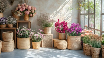 Bright and Cheerful Floral Arrangement in Natural Woven Baskets in a Sunlit Room with Soft Textured Walls