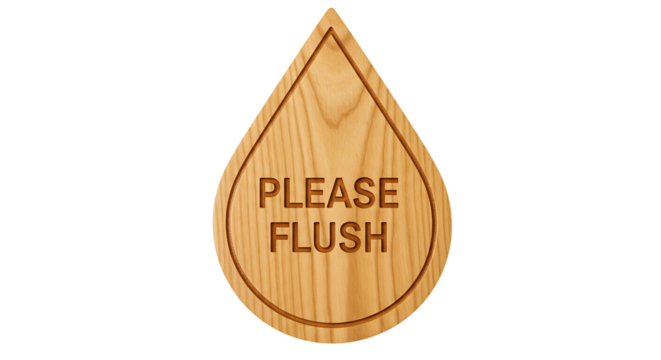 Aesthetic Wooden 'Please Flush' Reminder Sign in a Teardrop Water Shape