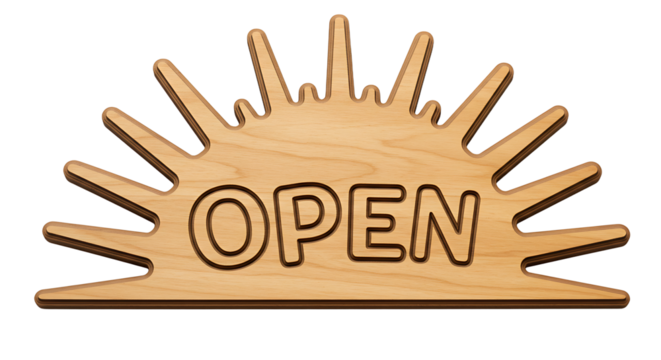 Artisan Wooden Sign Announcing Business Open for Custom Engraving Designs