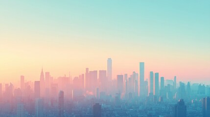 Ethereal Cityscape at Sunrise with Soft Pastel Colors and Silhouettes of Modern Skyscrapers in the Background
