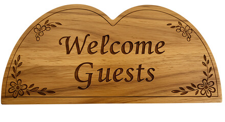 Artistic Wooden Sign Announcing 'Welcome Guests' with Engraved Floral Details