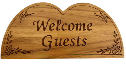 Artistic Wooden Sign Announcing 'Welcome Guests' with Engraved Floral Details