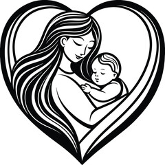 A loving mom with her baby and child, a beautiful family illustration showing a silhouette of care and happiness