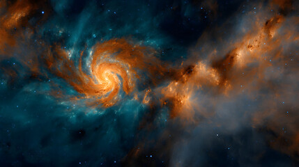 Fototapeta premium Glowing orange and blue whirlwind nebula in a vast cosmic landscape