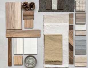 An interior design moodboard incorporating natural materials fabric swatches and componen 