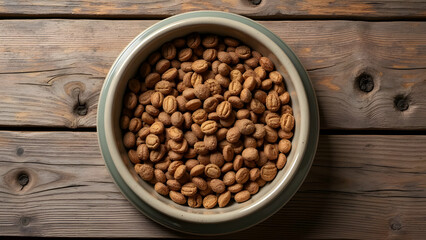 High-Fiber Dry Dog Food for Digestive Health in Slow-Feeder Ceramic Bowl on Reclaimed Barnwood Table with Nail Holes
